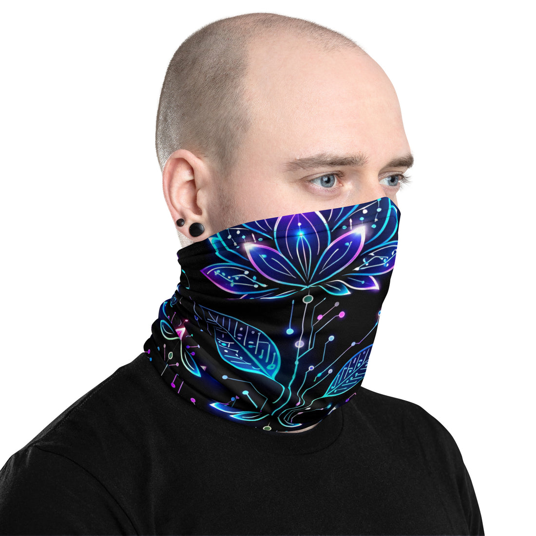 Neck Gaiter - Neon Cyber Lotus Neck Gaiter – Glowing Futuristic Floral Face Cover by printfluence.net