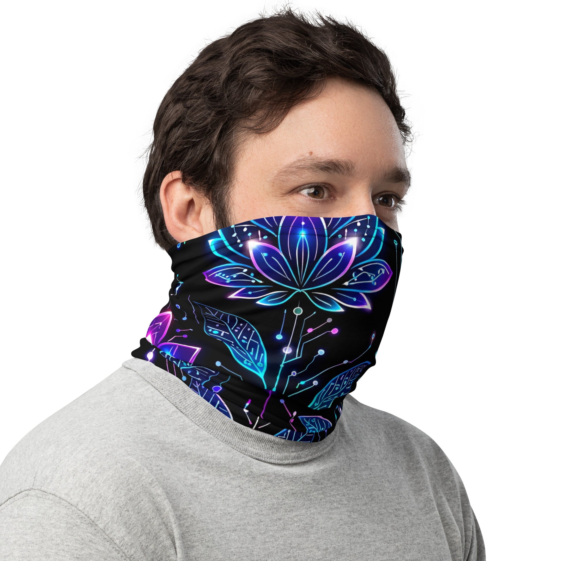 Neck Gaiter - Neon Cyber Lotus Neck Gaiter – Glowing Futuristic Floral Face Cover by printfluence.net