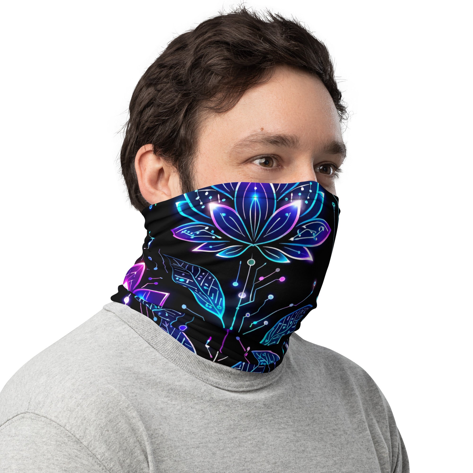 Neck Gaiter - Neon Cyber Lotus Neck Gaiter – Glowing Futuristic Floral Face Cover by printfluence.net
