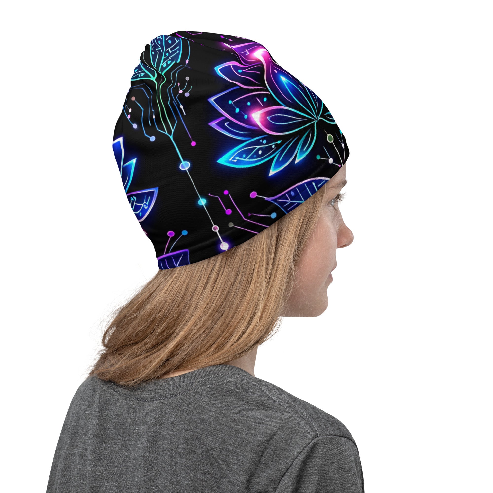 Neck Gaiter - Neon Cyber Lotus Neck Gaiter – Glowing Futuristic Floral Face Cover by printfluence.net