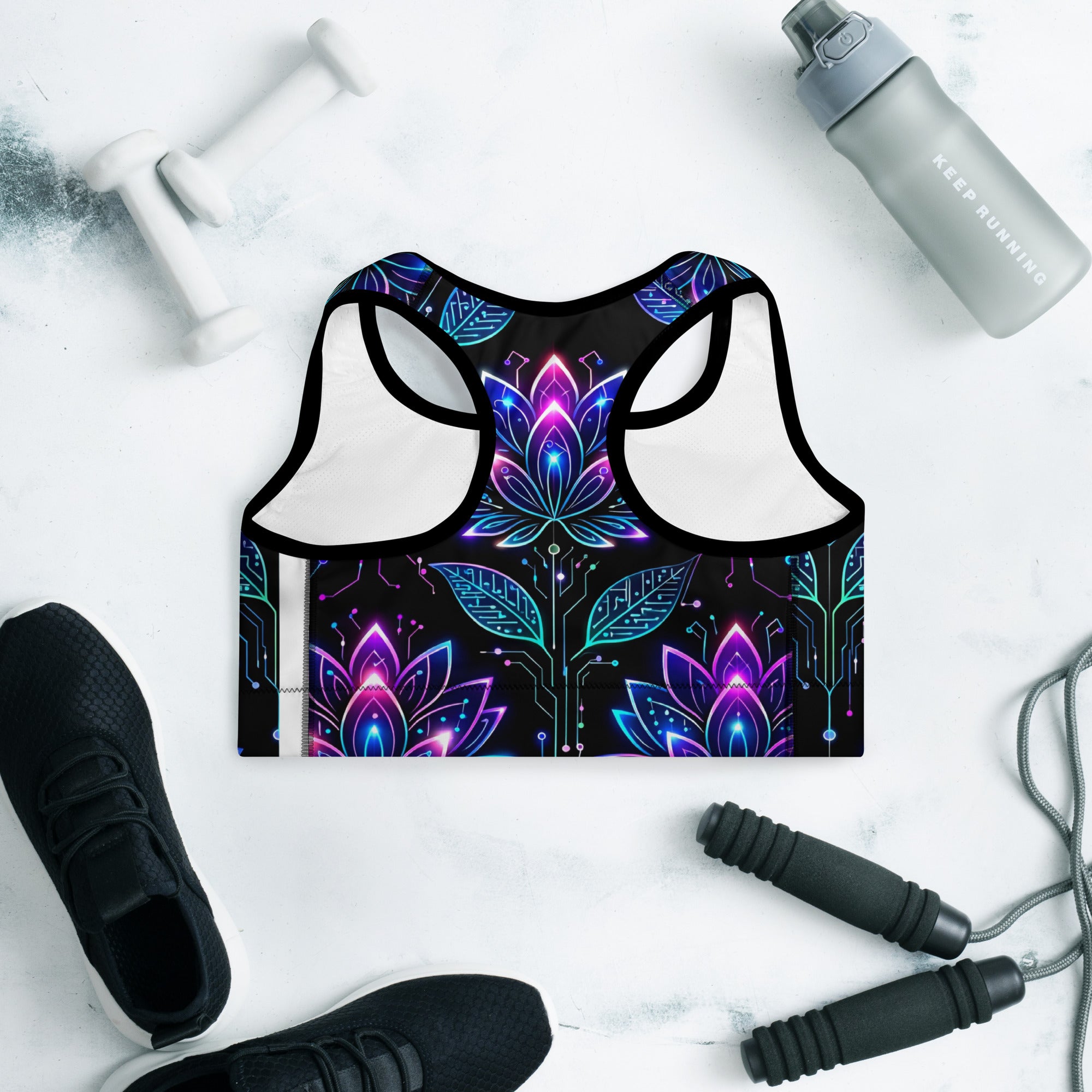 Padded Sports Bra - Neon Lotus Circuit Tee – Unisex Classic Floral Tech Graphic Shirt by printfluence.net