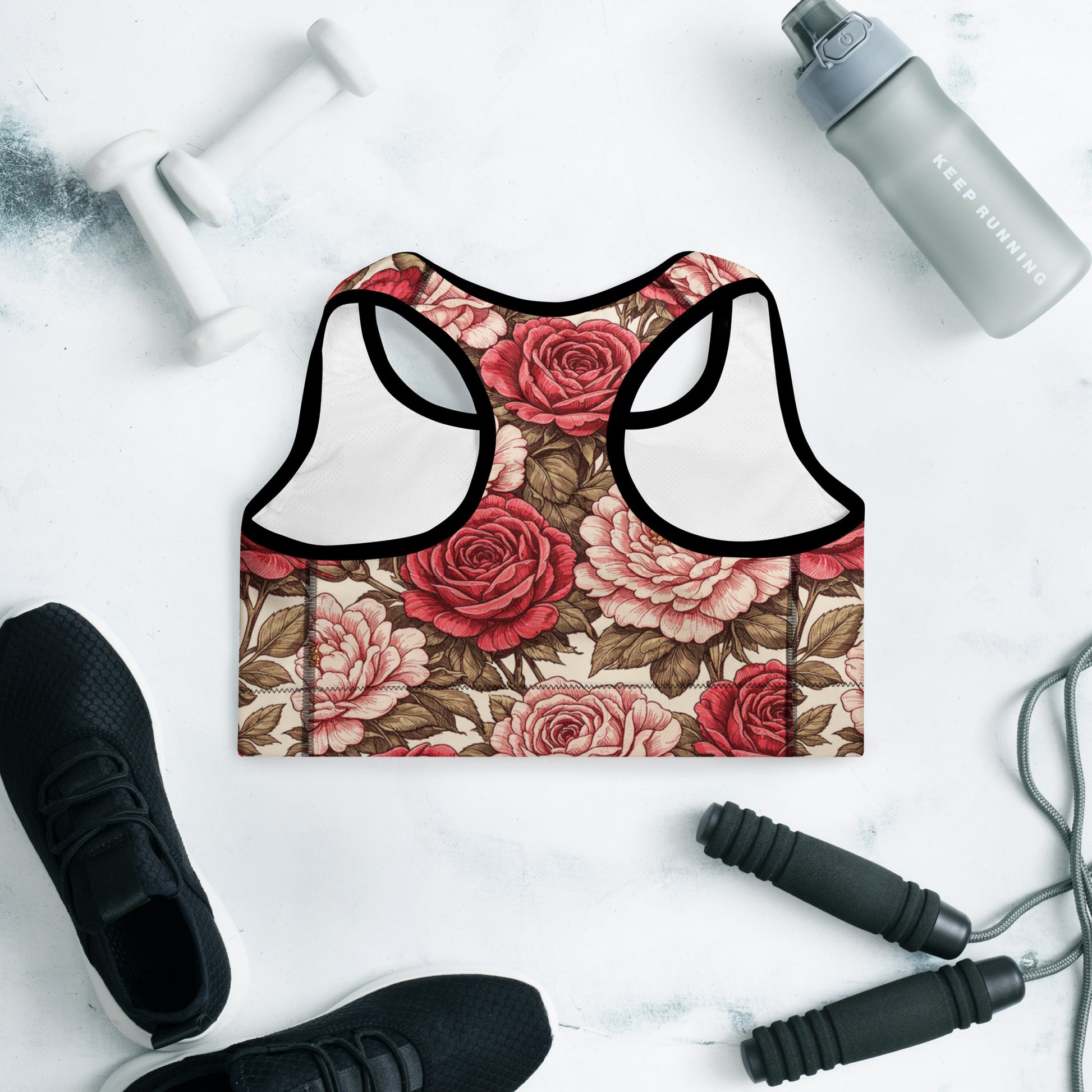 Padded Sports Bra - Rose Garden Sports Bra – All-Over Floral Print Padded Workout Bra by printfluence.net
