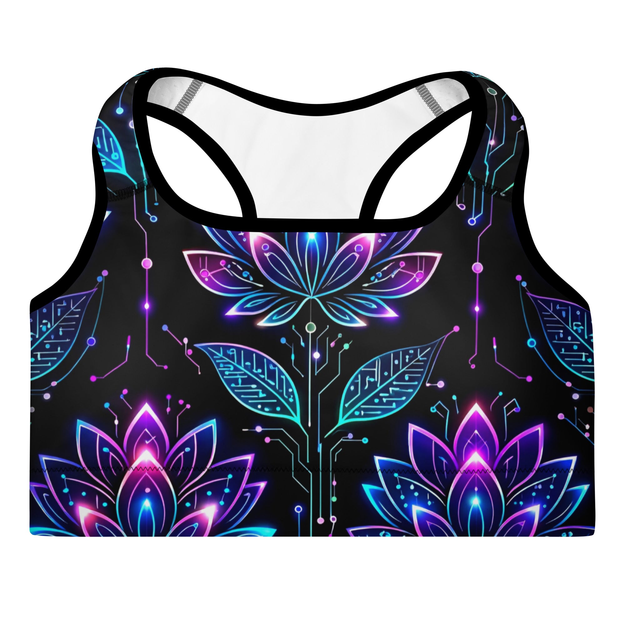Padded Sports Bra - Neon Lotus Circuit Tee – Unisex Classic Floral Tech Graphic Shirt by printfluence.net