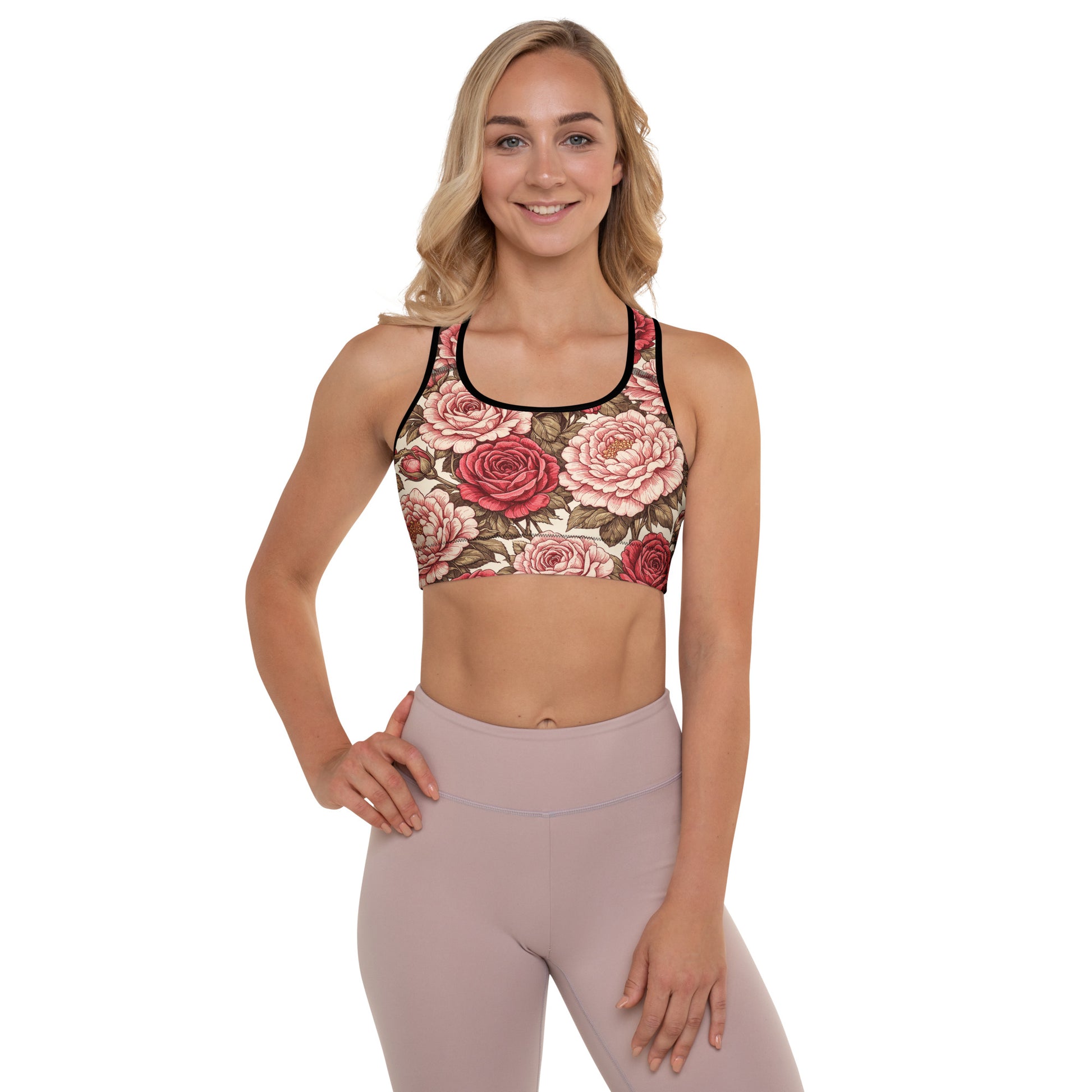 Padded Sports Bra - Rose Garden Sports Bra – All-Over Floral Print Padded Workout Bra by printfluence.net