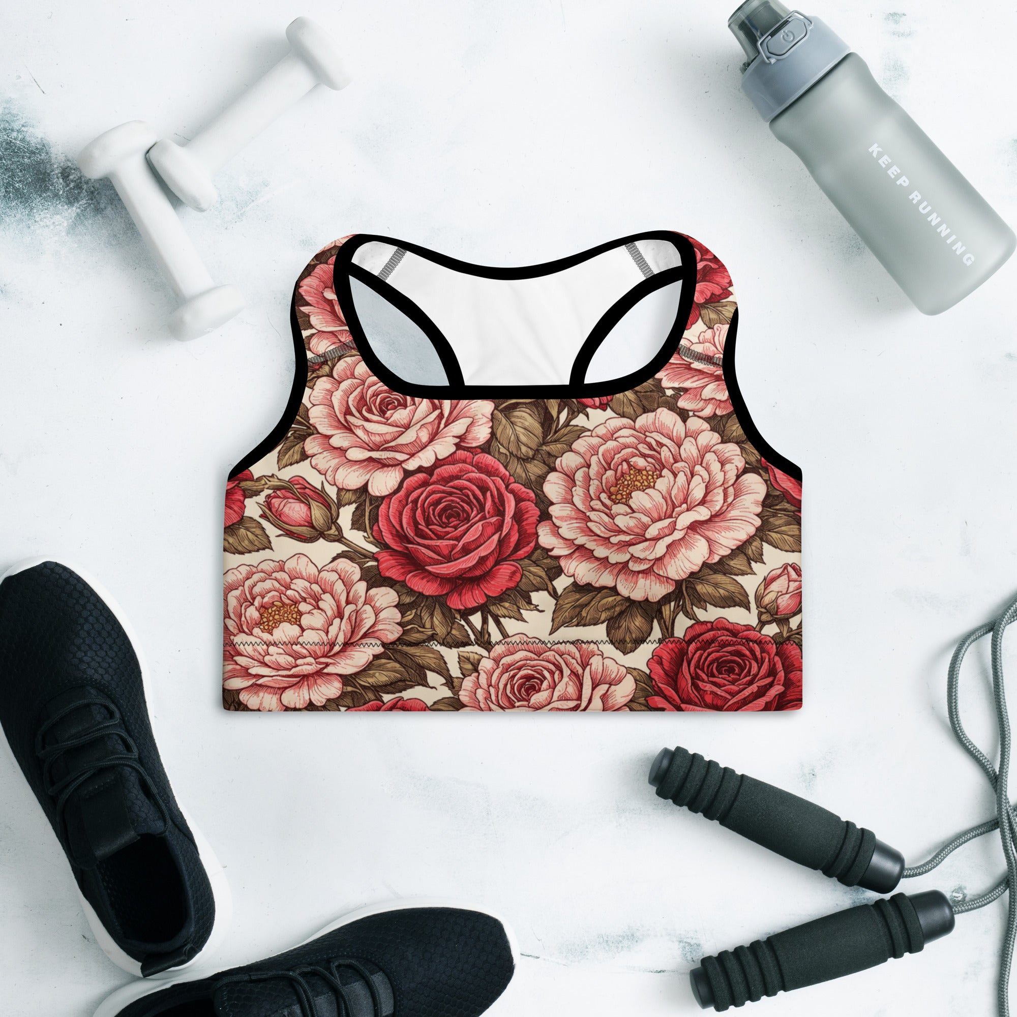 Padded Sports Bra - Rose Garden Sports Bra – All-Over Floral Print Padded Workout Bra by printfluence.net