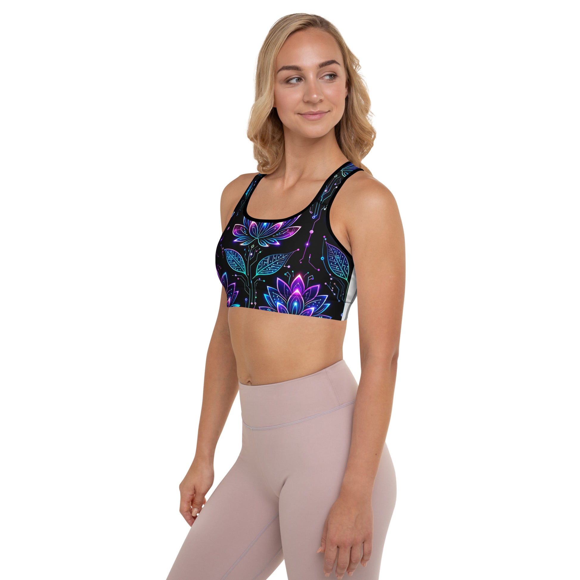 Padded Sports Bra - Neon Lotus Circuit Tee – Unisex Classic Floral Tech Graphic Shirt by printfluence.net