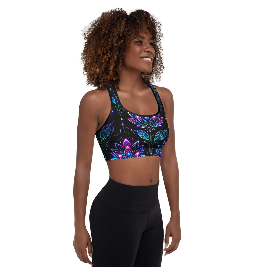 Padded Sports Bra - Neon Lotus Circuit Tee – Unisex Classic Floral Tech Graphic Shirt by printfluence.net