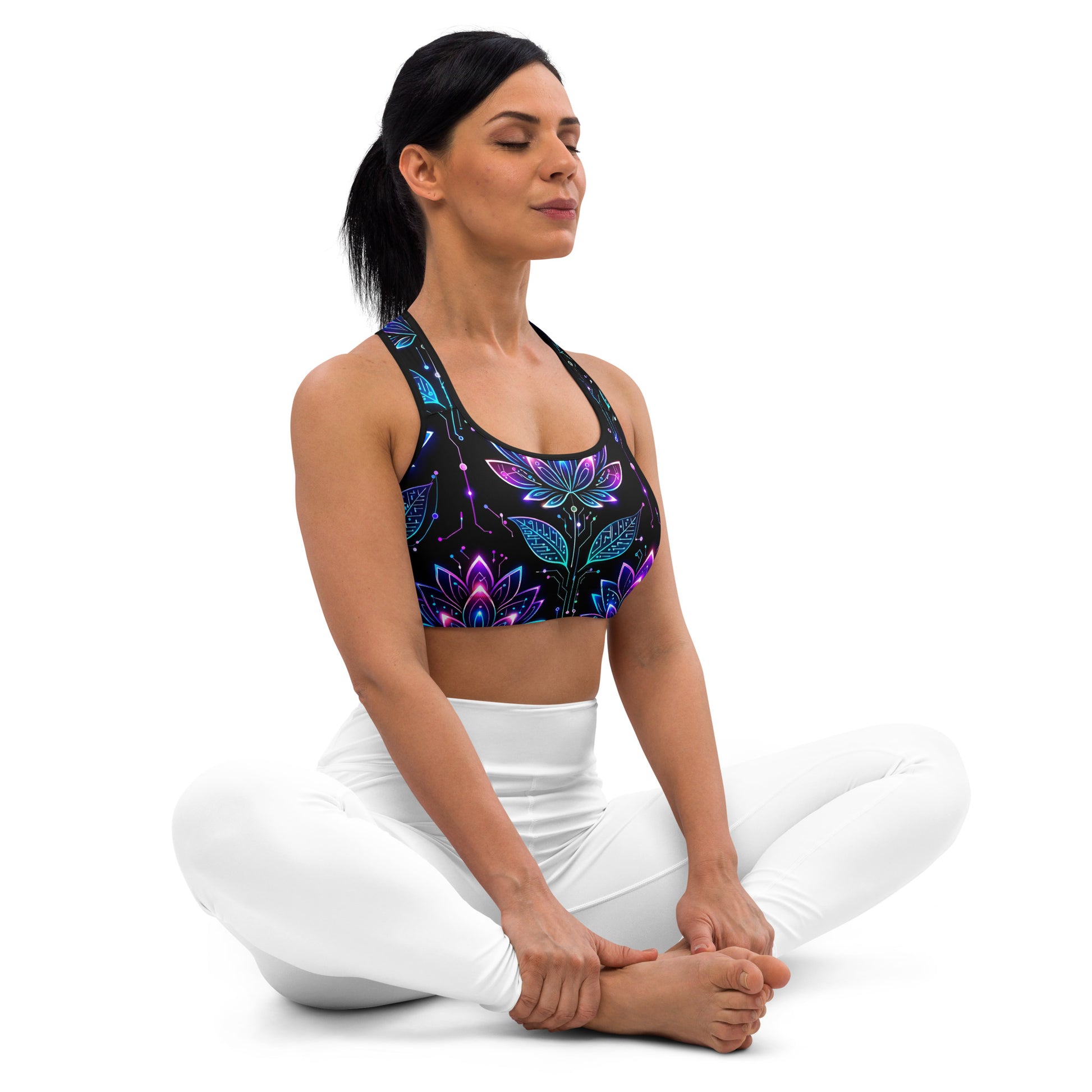 Padded Sports Bra - Neon Lotus Circuit Tee – Unisex Classic Floral Tech Graphic Shirt by printfluence.net