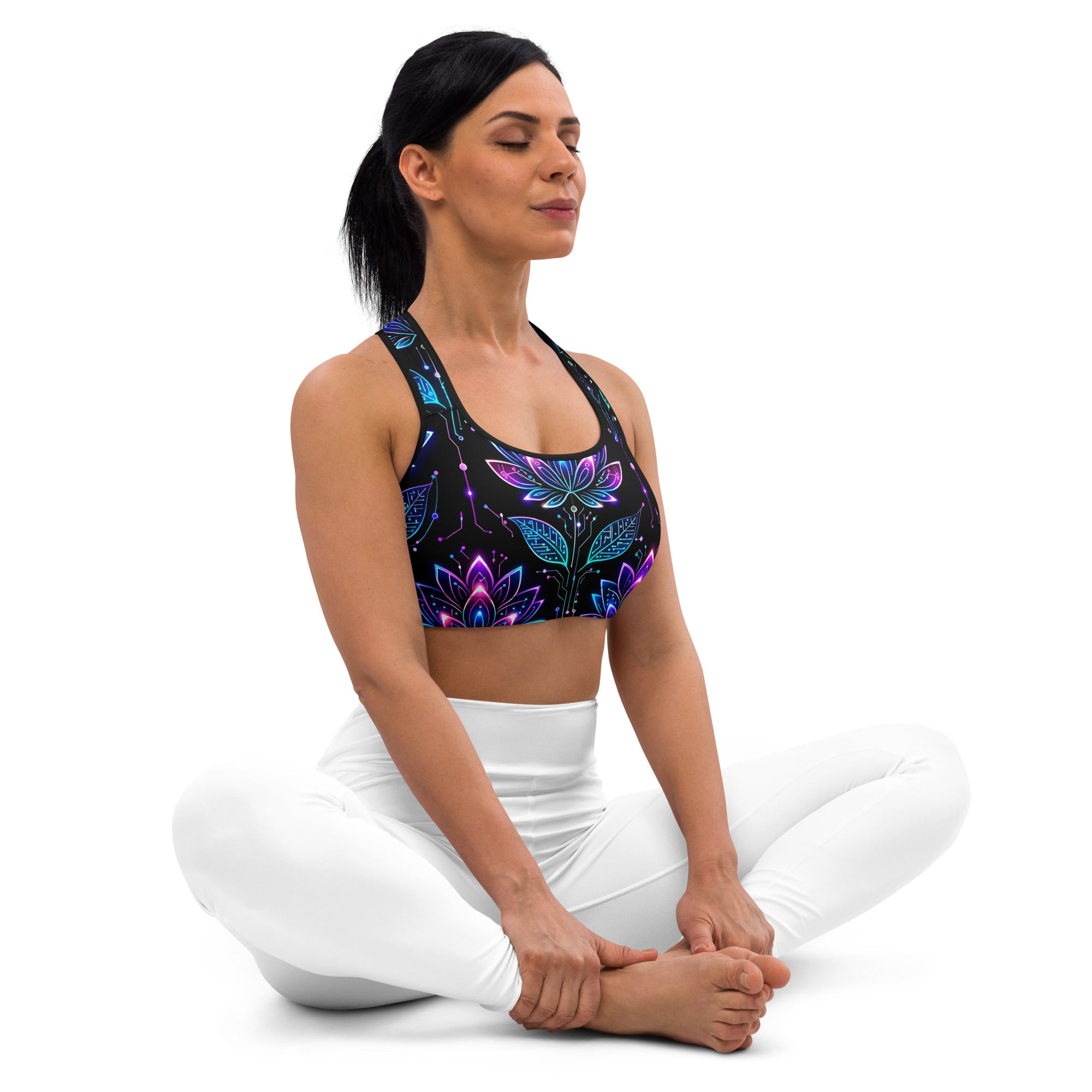 Padded Sports Bra - Neon Lotus Circuit Tee – Unisex Classic Floral Tech Graphic Shirt by printfluence.net