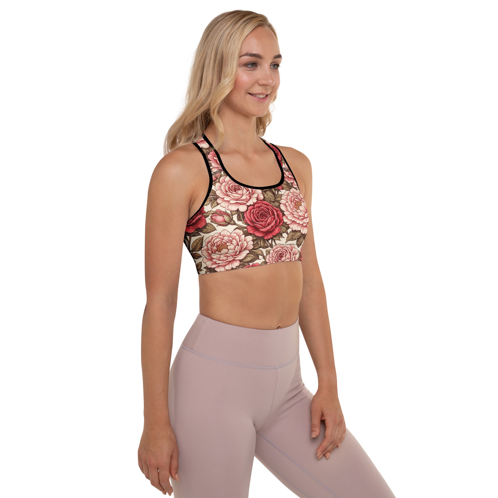 Padded Sports Bra - Rose Garden Sports Bra – All-Over Floral Print Padded Workout Bra by printfluence.net