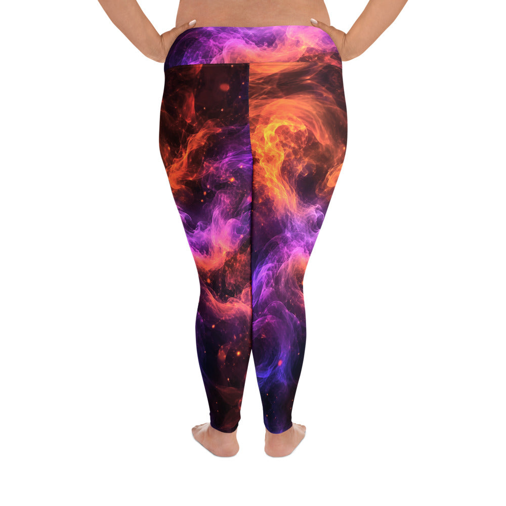 All-Over Print Plus Size Leggings - Cosmic Fire Nebula Smoke - Premium Electric Galaxy Burst Abstract Design by printfluence.net
