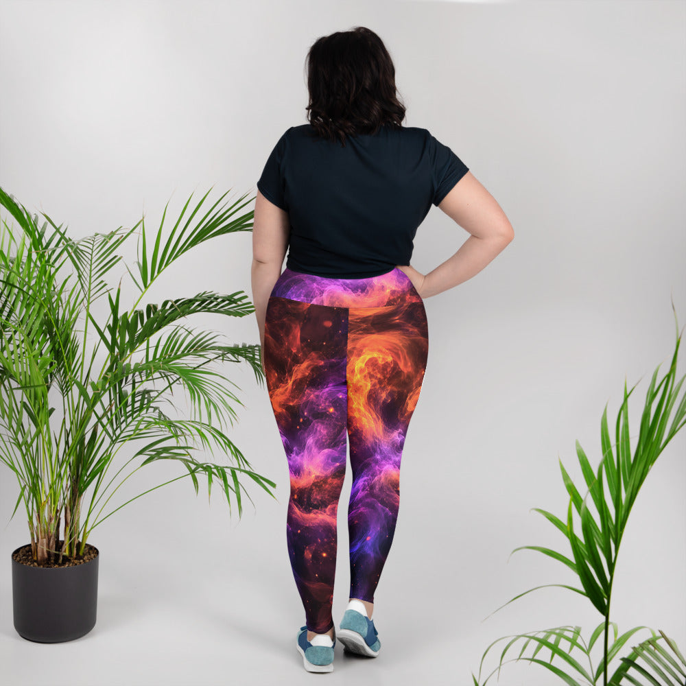 All-Over Print Plus Size Leggings - Cosmic Fire Nebula Smoke - Premium Electric Galaxy Burst Abstract Design by printfluence.net