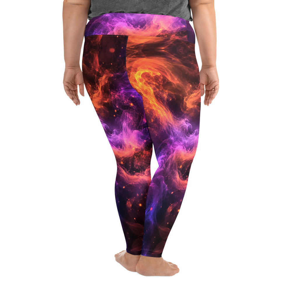 All-Over Print Plus Size Leggings - Cosmic Fire Nebula Smoke - Premium Electric Galaxy Burst Abstract Design by printfluence.net