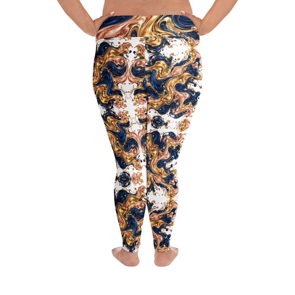 Heritage Bloom Lovers | All-Over Print Plus Size Leggings — Luxury Gold, Blue, and Bronze Fluid Art Pattern by printfluence