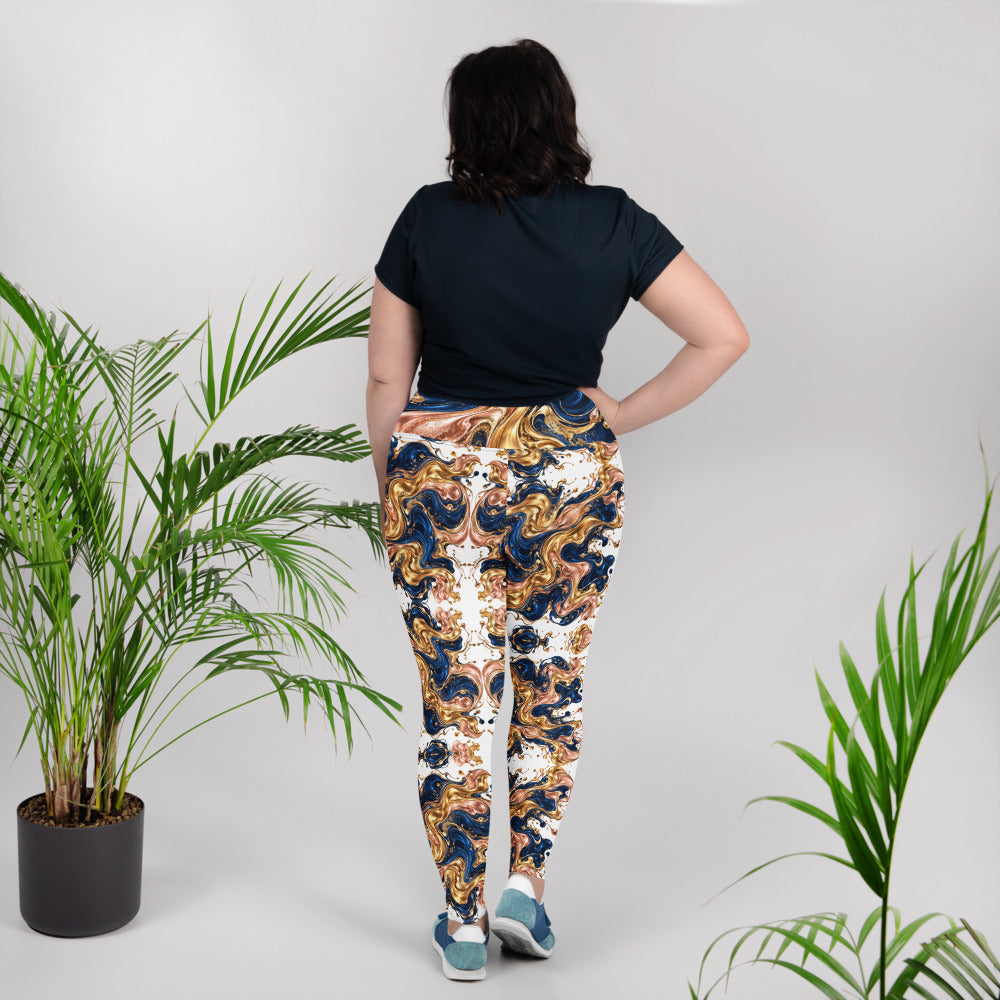 Heritage Bloom Lovers | All-Over Print Plus Size Leggings — Luxury Gold, Blue, and Bronze Fluid Art Pattern by printfluence