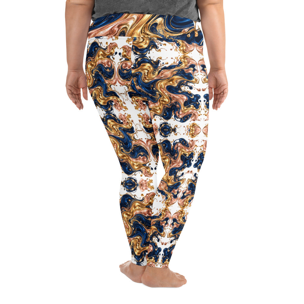 Heritage Bloom Lovers | All-Over Print Plus Size Leggings — Luxury Gold, Blue, and Bronze Fluid Art Pattern by printfluence