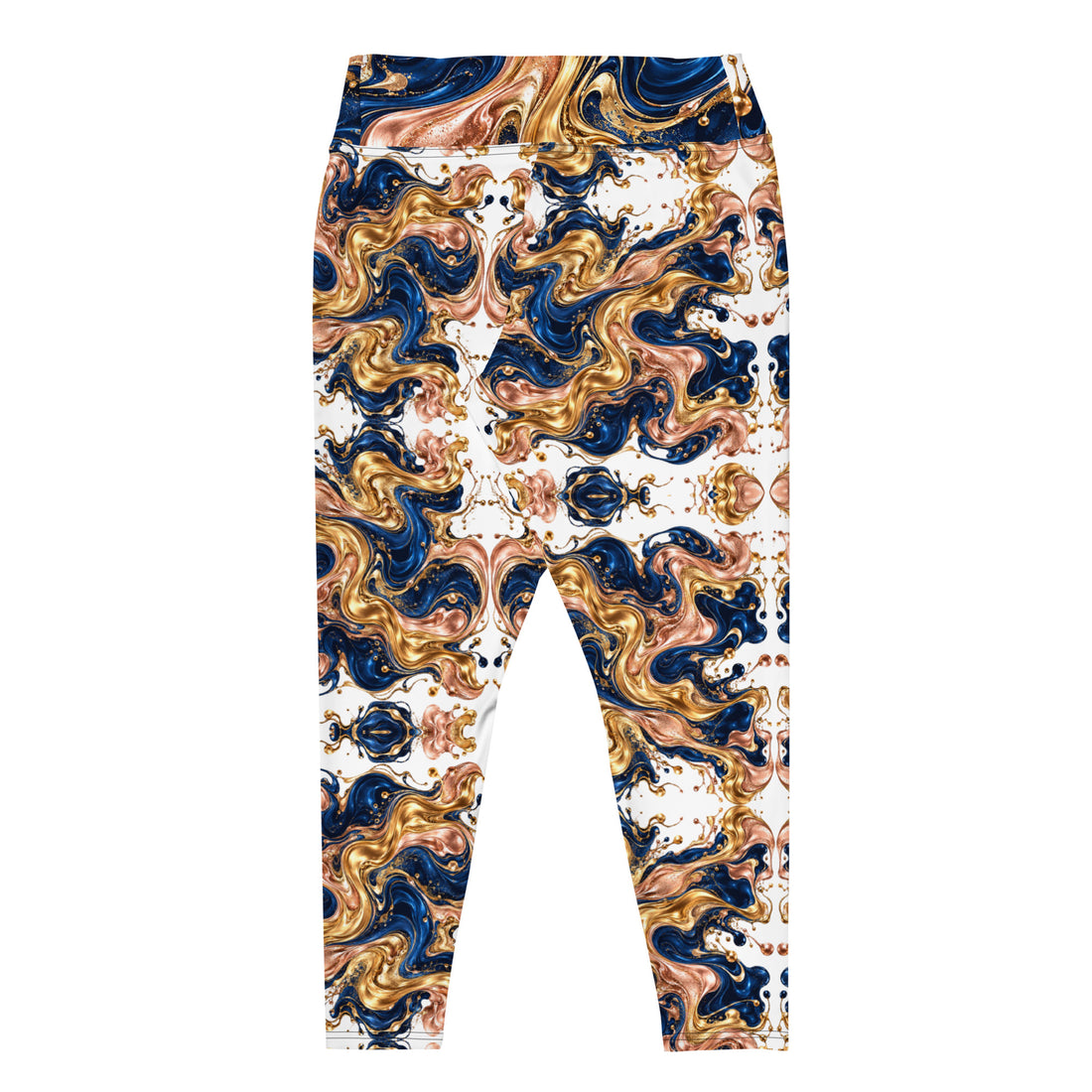 Heritage Bloom Lovers | All-Over Print Plus Size Leggings — Luxury Gold, Blue, and Bronze Fluid Art Pattern by printfluence