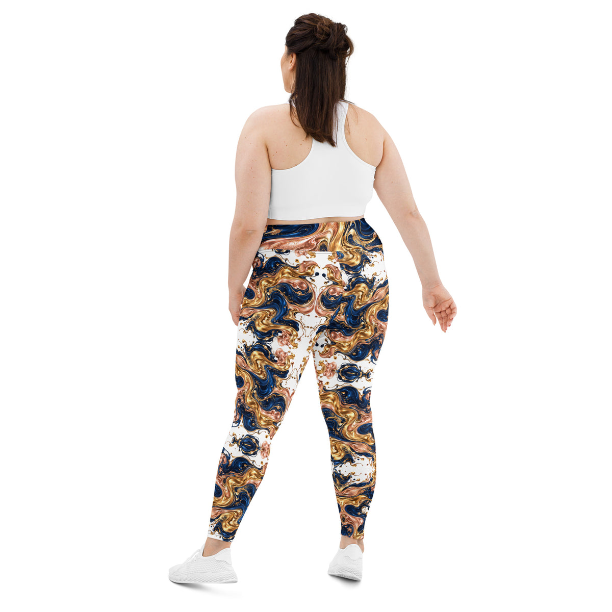 Heritage Bloom Lovers | All-Over Print Plus Size Leggings — Luxury Gold, Blue, and Bronze Fluid Art Pattern by printfluence