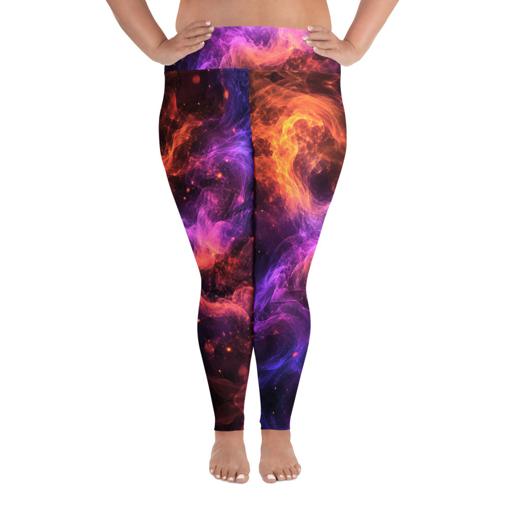 All-Over Print Plus Size Leggings - Cosmic Fire Nebula Smoke - Premium Electric Galaxy Burst Abstract Design by printfluence.net