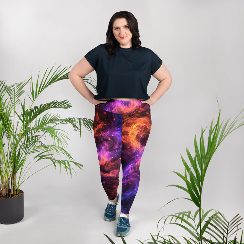All-Over Print Plus Size Leggings - Cosmic Fire Nebula Smoke - Premium Electric Galaxy Burst Abstract Design by printfluence.net