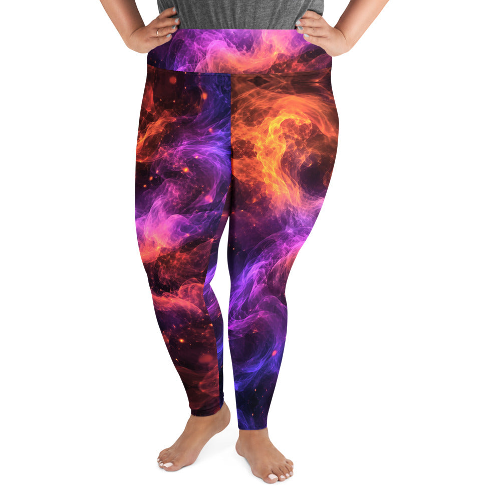 All-Over Print Plus Size Leggings - Cosmic Fire Nebula Smoke - Premium Electric Galaxy Burst Abstract Design by printfluence.net