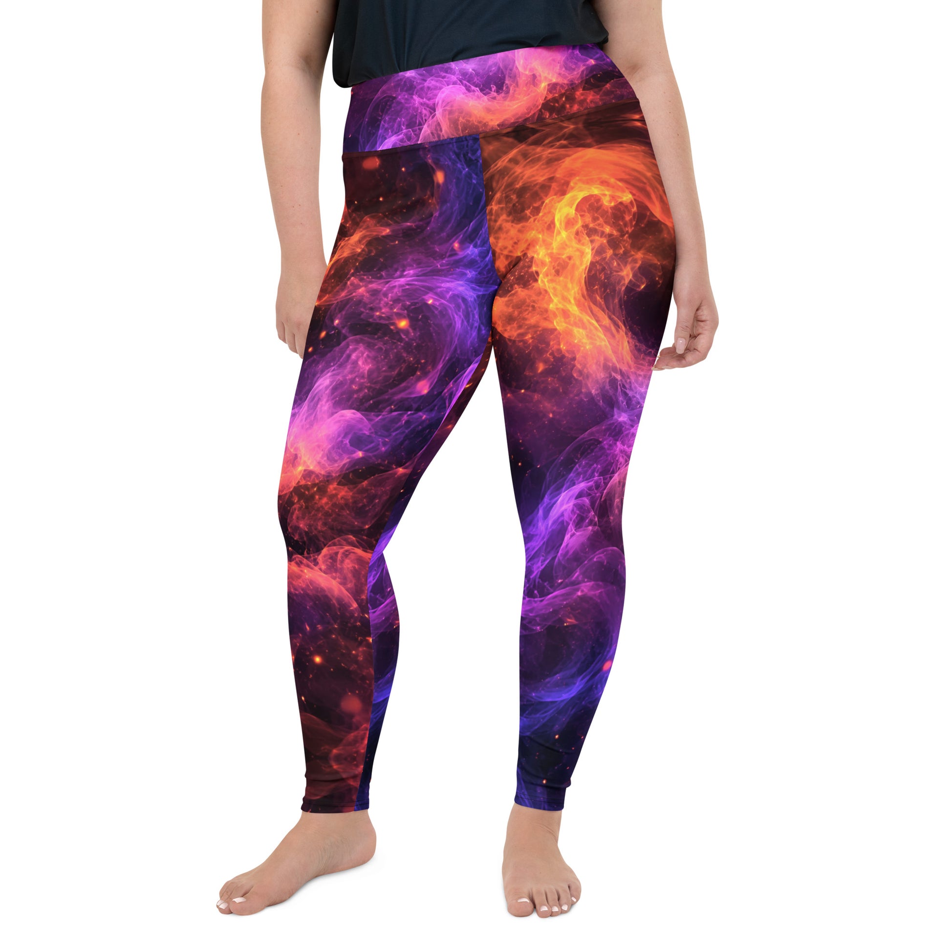 All-Over Print Plus Size Leggings - Cosmic Fire Nebula Smoke - Premium Electric Galaxy Burst Abstract Design by printfluence.net
