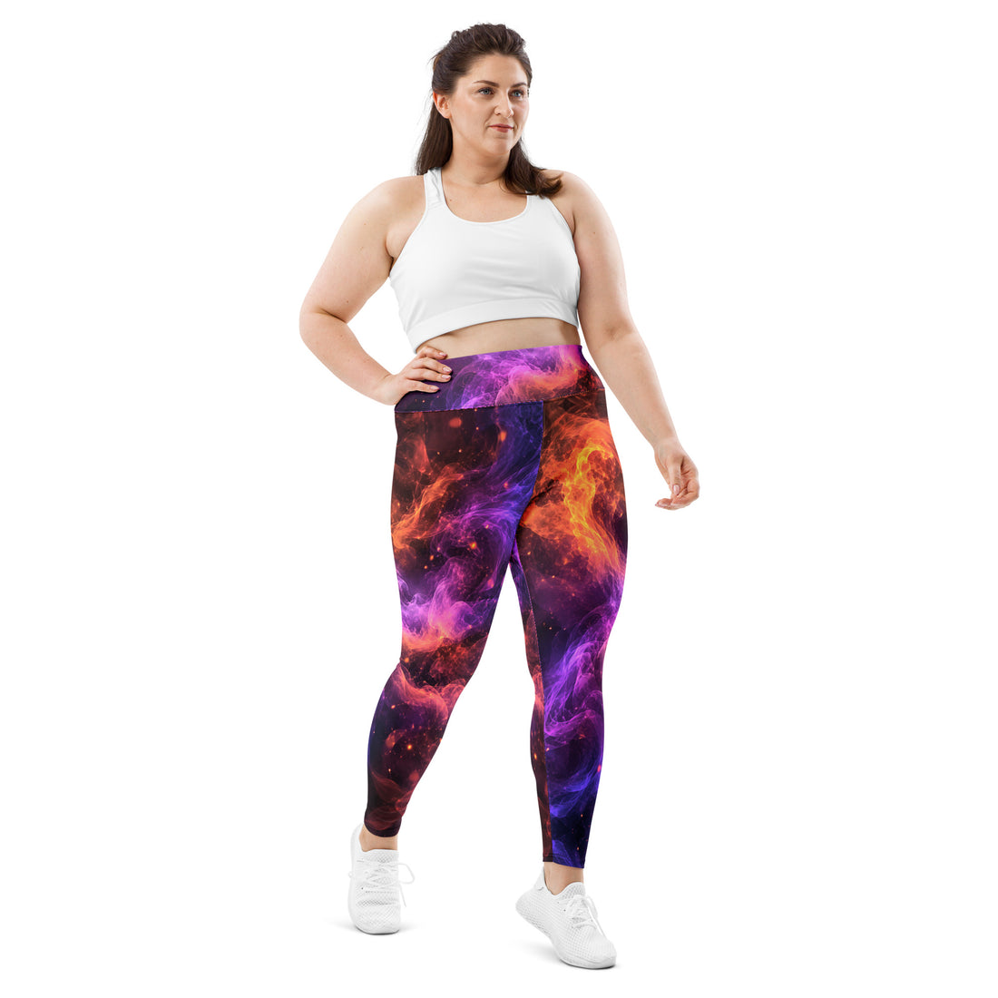 All-Over Print Plus Size Leggings - Cosmic Fire Nebula Smoke - Premium Electric Galaxy Burst Abstract Design by printfluence.net
