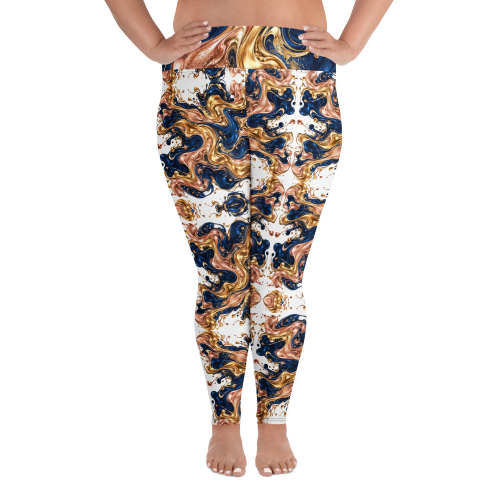 Heritage Bloom Lovers | All-Over Print Plus Size Leggings — Luxury Gold, Blue, and Bronze Fluid Art Pattern by printfluence