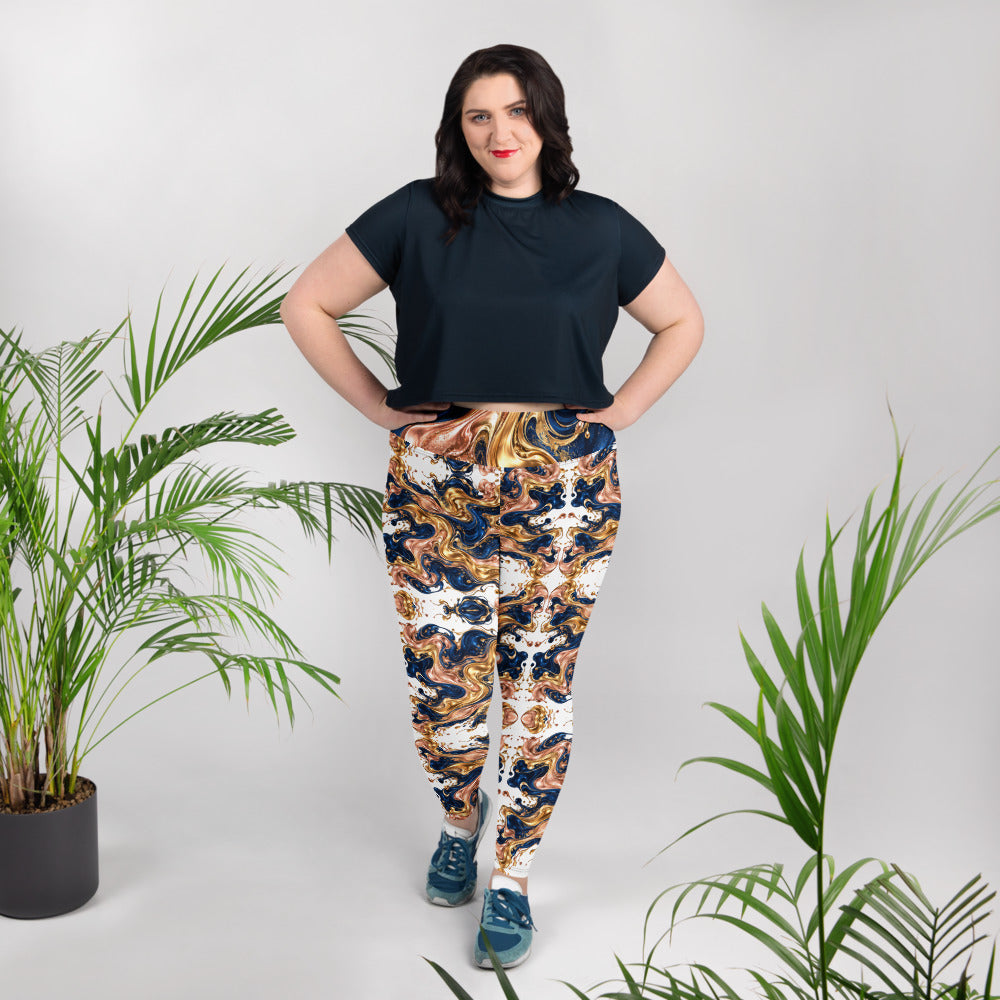Heritage Bloom Lovers | All-Over Print Plus Size Leggings — Luxury Gold, Blue, and Bronze Fluid Art Pattern by printfluence