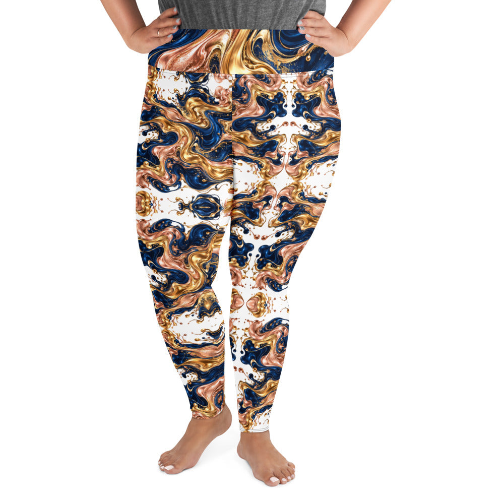 Heritage Bloom Lovers | All-Over Print Plus Size Leggings — Luxury Gold, Blue, and Bronze Fluid Art Pattern by printfluence