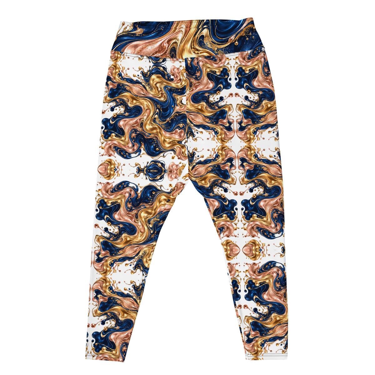 Heritage Bloom Lovers | All-Over Print Plus Size Leggings — Luxury Gold, Blue, and Bronze Fluid Art Pattern by printfluence