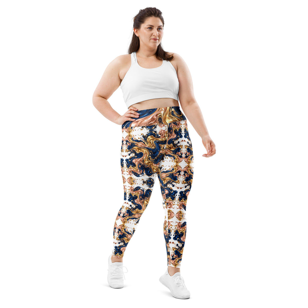 Heritage Bloom Lovers | All-Over Print Plus Size Leggings — Luxury Gold, Blue, and Bronze Fluid Art Pattern by printfluence
