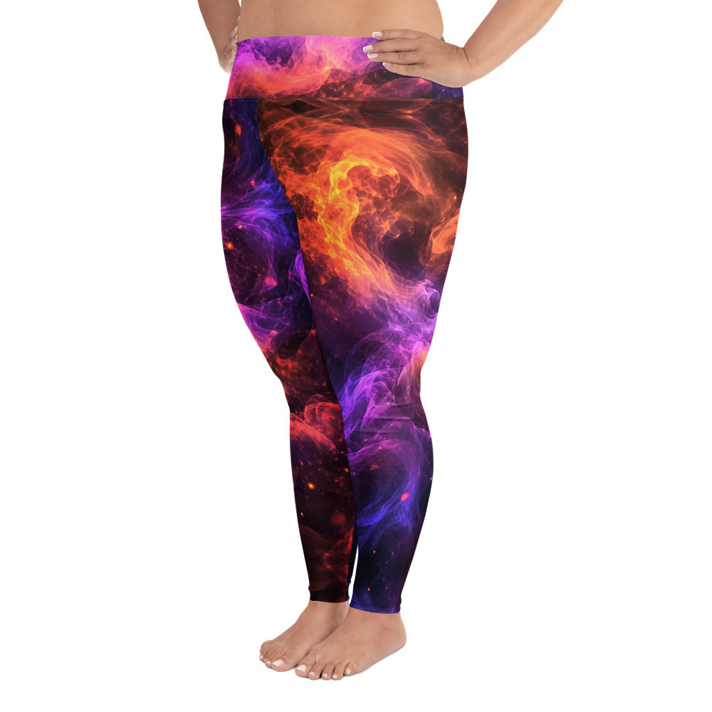 All-Over Print Plus Size Leggings - Cosmic Fire Nebula Smoke - Premium Electric Galaxy Burst Abstract Design by printfluence.net