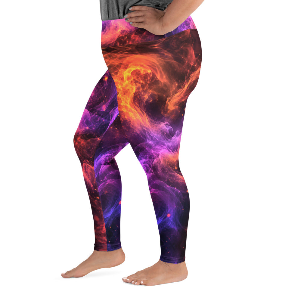 All-Over Print Plus Size Leggings - Cosmic Fire Nebula Smoke - Premium Electric Galaxy Burst Abstract Design by printfluence.net