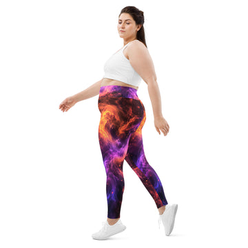 All-Over Print Plus Size Leggings - Cosmic Fire Nebula Smoke - Premium Electric Galaxy Burst Abstract Design by printfluence.net