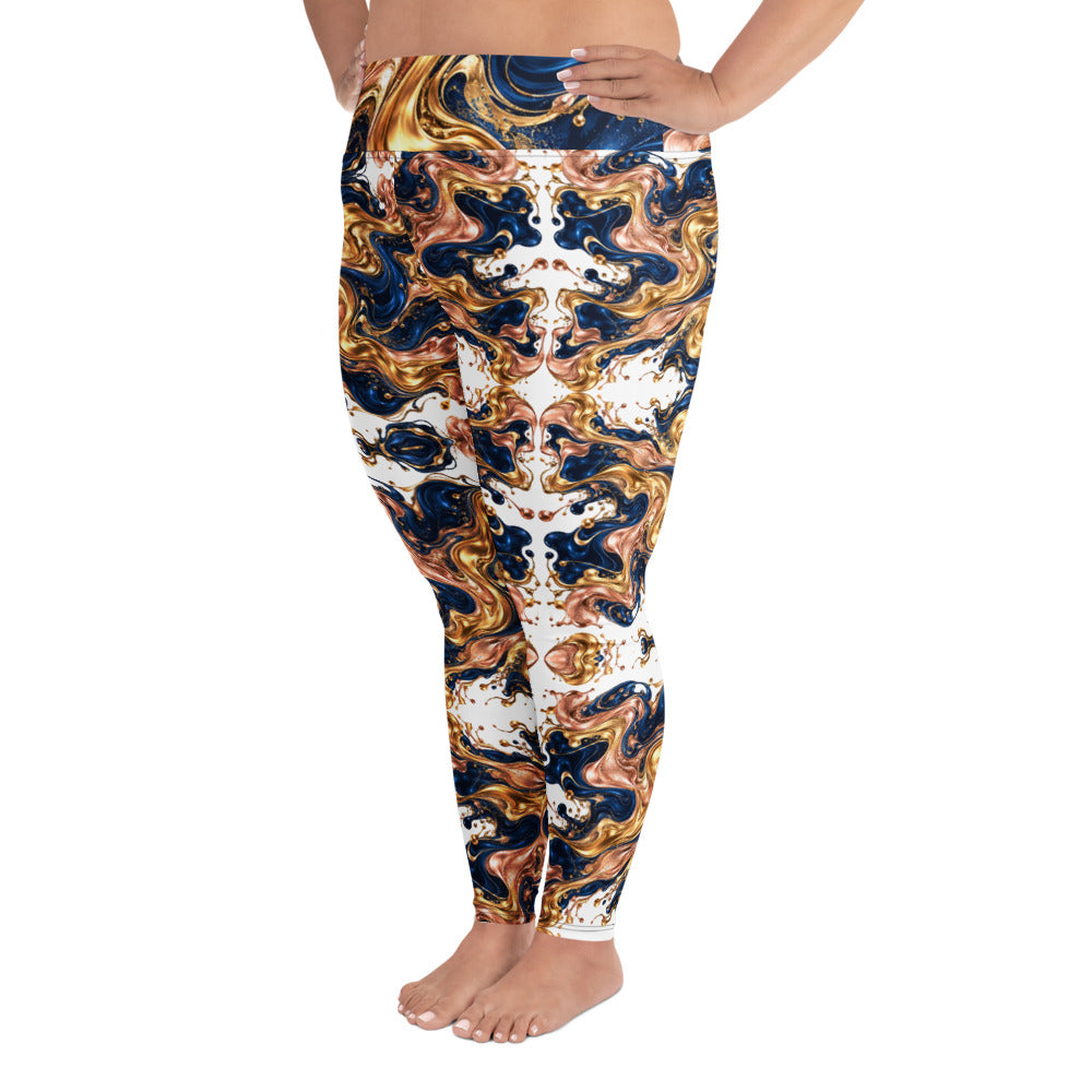 Heritage Bloom Lovers | All-Over Print Plus Size Leggings — Luxury Gold, Blue, and Bronze Fluid Art Pattern by printfluence