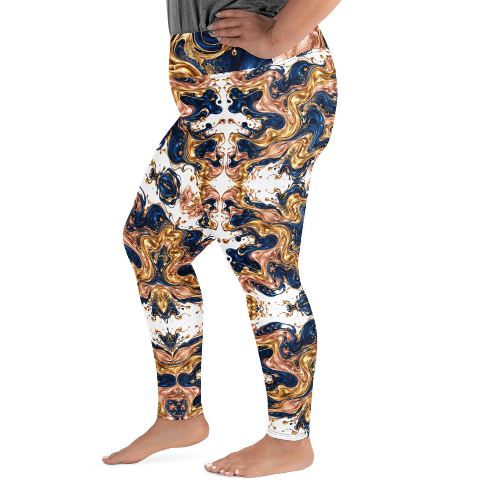 Heritage Bloom Lovers | All-Over Print Plus Size Leggings — Luxury Gold, Blue, and Bronze Fluid Art Pattern by printfluence