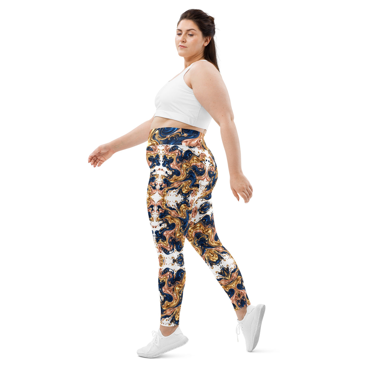 Heritage Bloom Lovers | All-Over Print Plus Size Leggings — Luxury Gold, Blue, and Bronze Fluid Art Pattern by printfluence