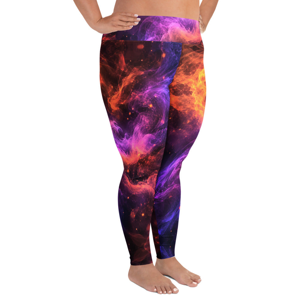 All-Over Print Plus Size Leggings - Cosmic Fire Nebula Smoke - Premium Electric Galaxy Burst Abstract Design by printfluence.net