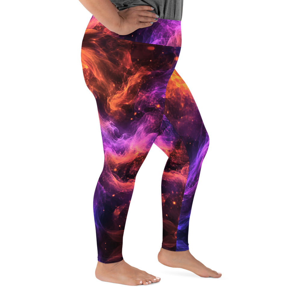 All-Over Print Plus Size Leggings - Cosmic Fire Nebula Smoke - Premium Electric Galaxy Burst Abstract Design by printfluence.net
