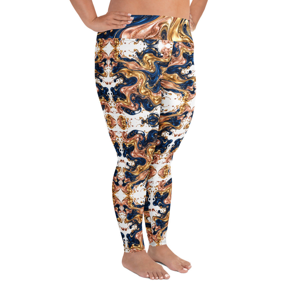 Heritage Bloom Lovers | All-Over Print Plus Size Leggings — Luxury Gold, Blue, and Bronze Fluid Art Pattern by printfluence