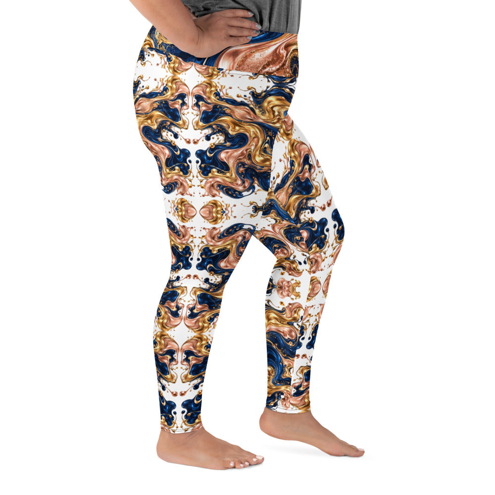 Heritage Bloom Lovers | All-Over Print Plus Size Leggings — Luxury Gold, Blue, and Bronze Fluid Art Pattern by printfluence