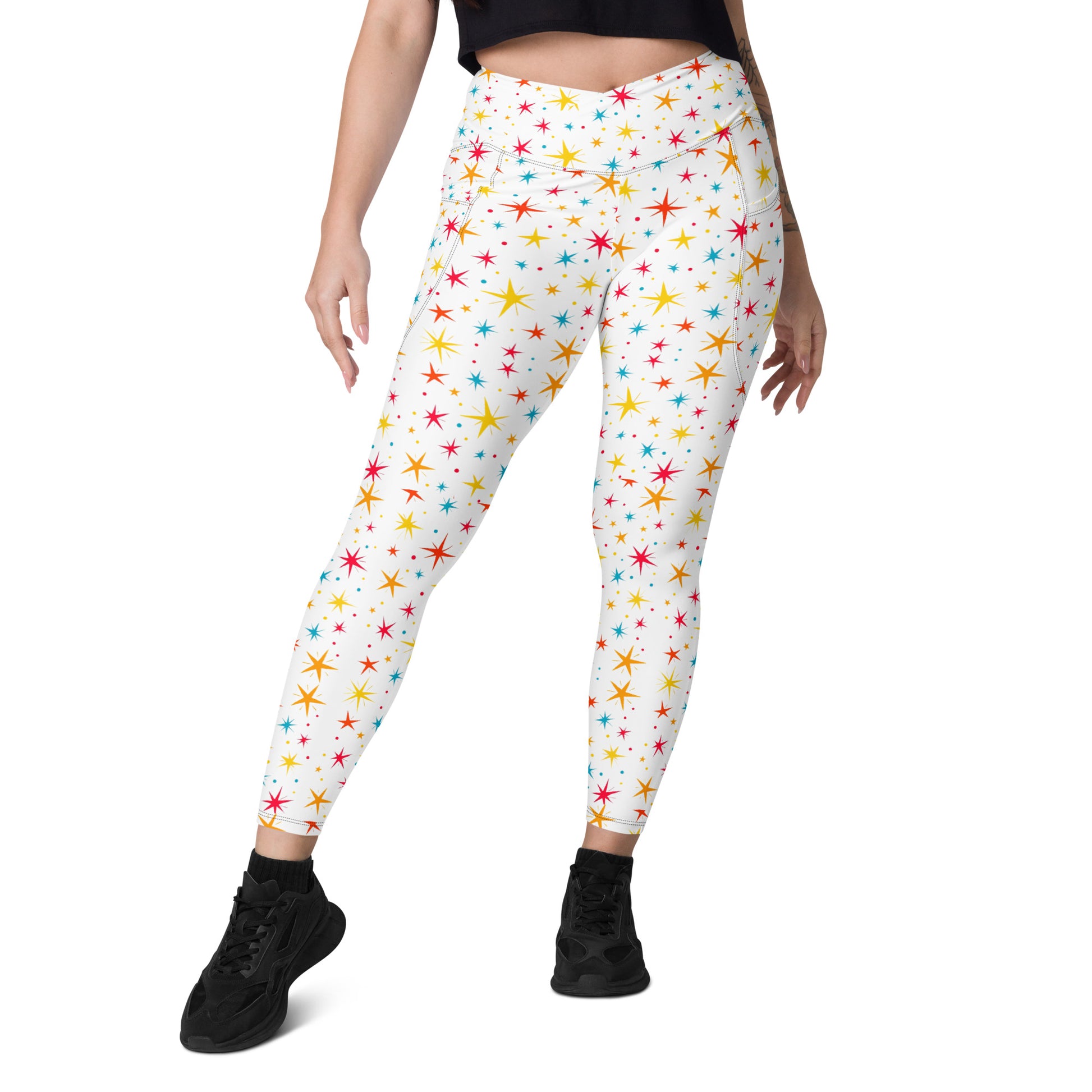 Crossover leggings with pockets - Starry Sparkle Magic Leggings – Radiant Cosmic Shine by printfluence.net