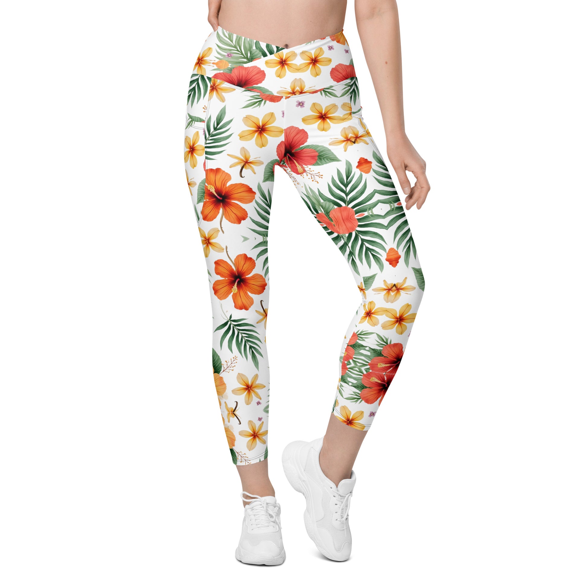 Crossover leggings with pockets - Scattered Bloom Crossover Leggings – Fresh Garden Glow by printfluence.net