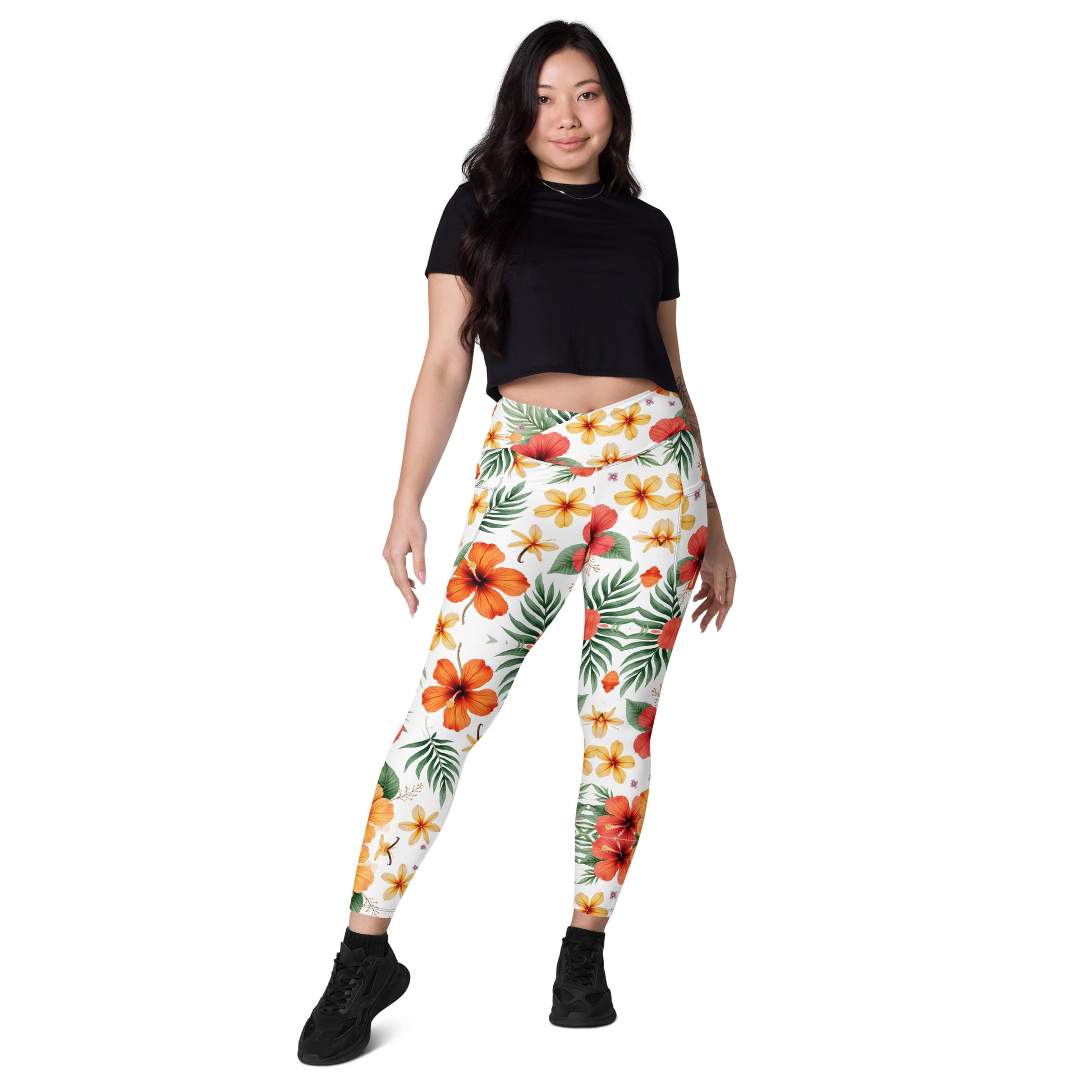 Crossover leggings with pockets - Scattered Bloom Crossover Leggings – Fresh Garden Glow by printfluence.net