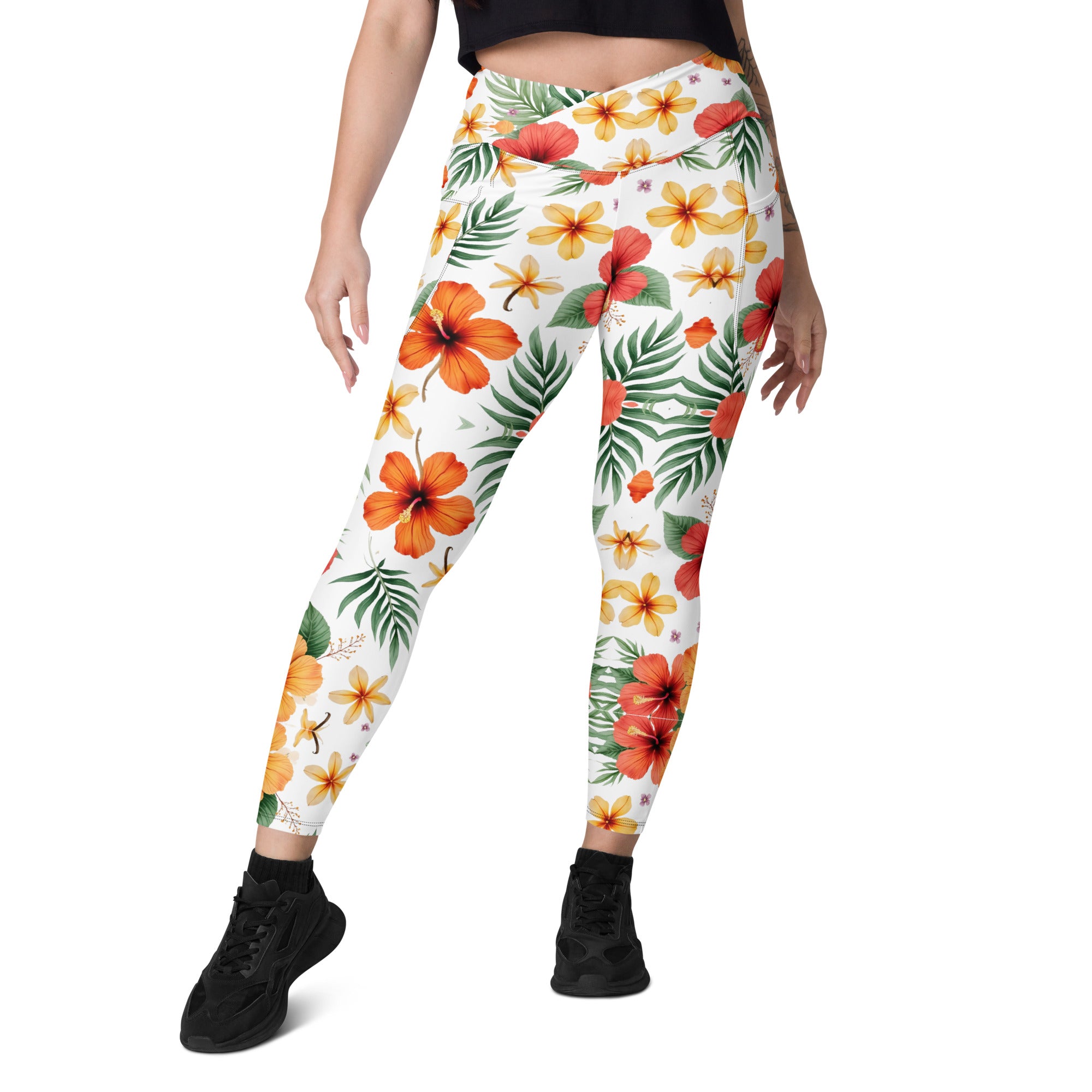 Crossover leggings with pockets - Scattered Bloom Crossover Leggings – Fresh Garden Glow by printfluence.net