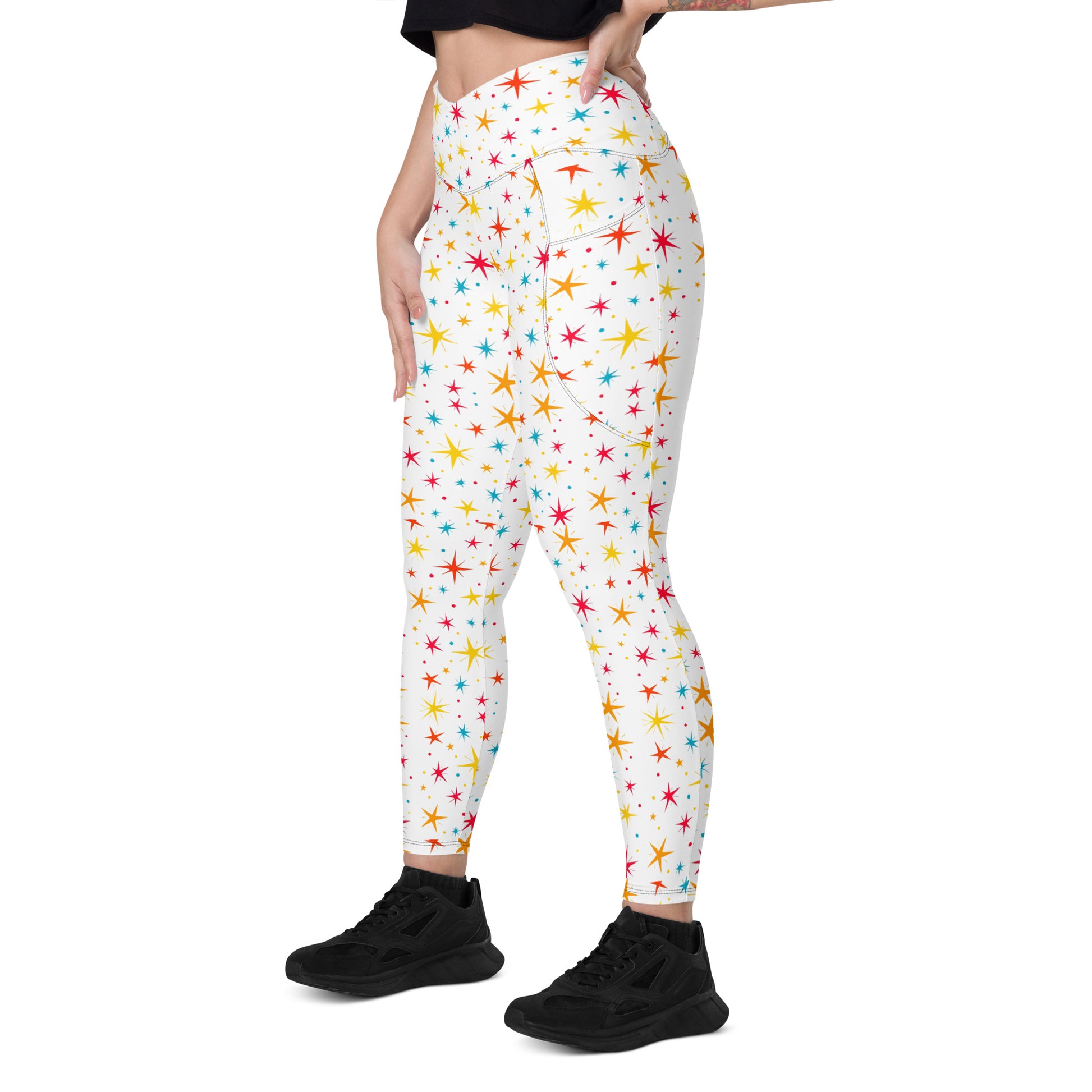 Crossover leggings with pockets - Starry Sparkle Magic Leggings – Radiant Cosmic Shine by printfluence.net