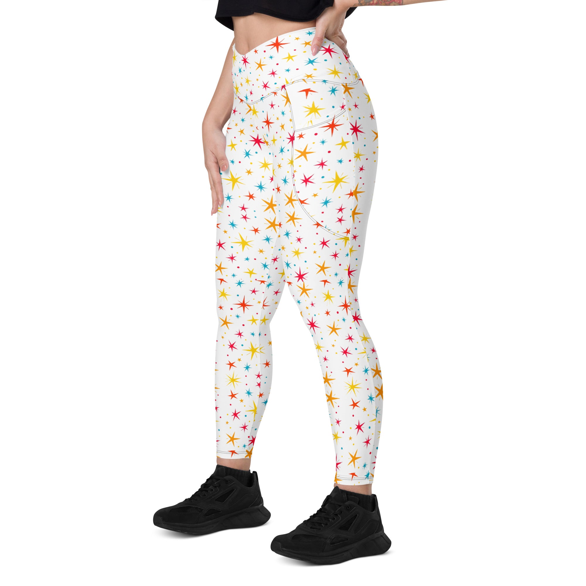 Crossover leggings with pockets - Starry Sparkle Magic Leggings – Radiant Cosmic Shine by printfluence.net
