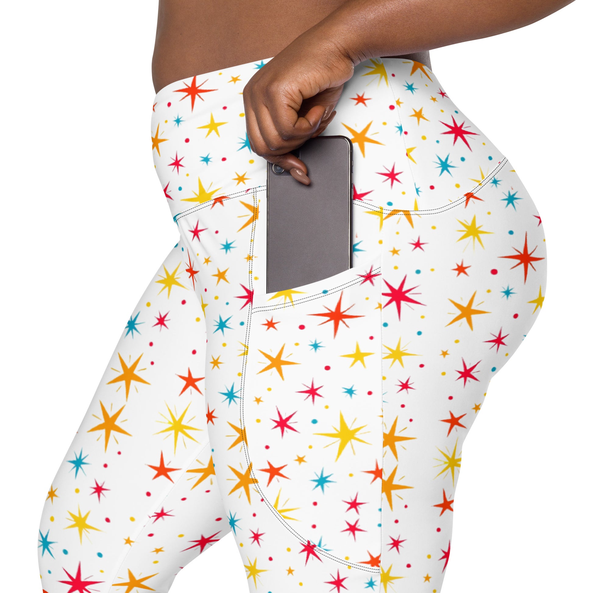 Crossover leggings with pockets - Starry Sparkle Magic Leggings – Radiant Cosmic Shine by printfluence.net