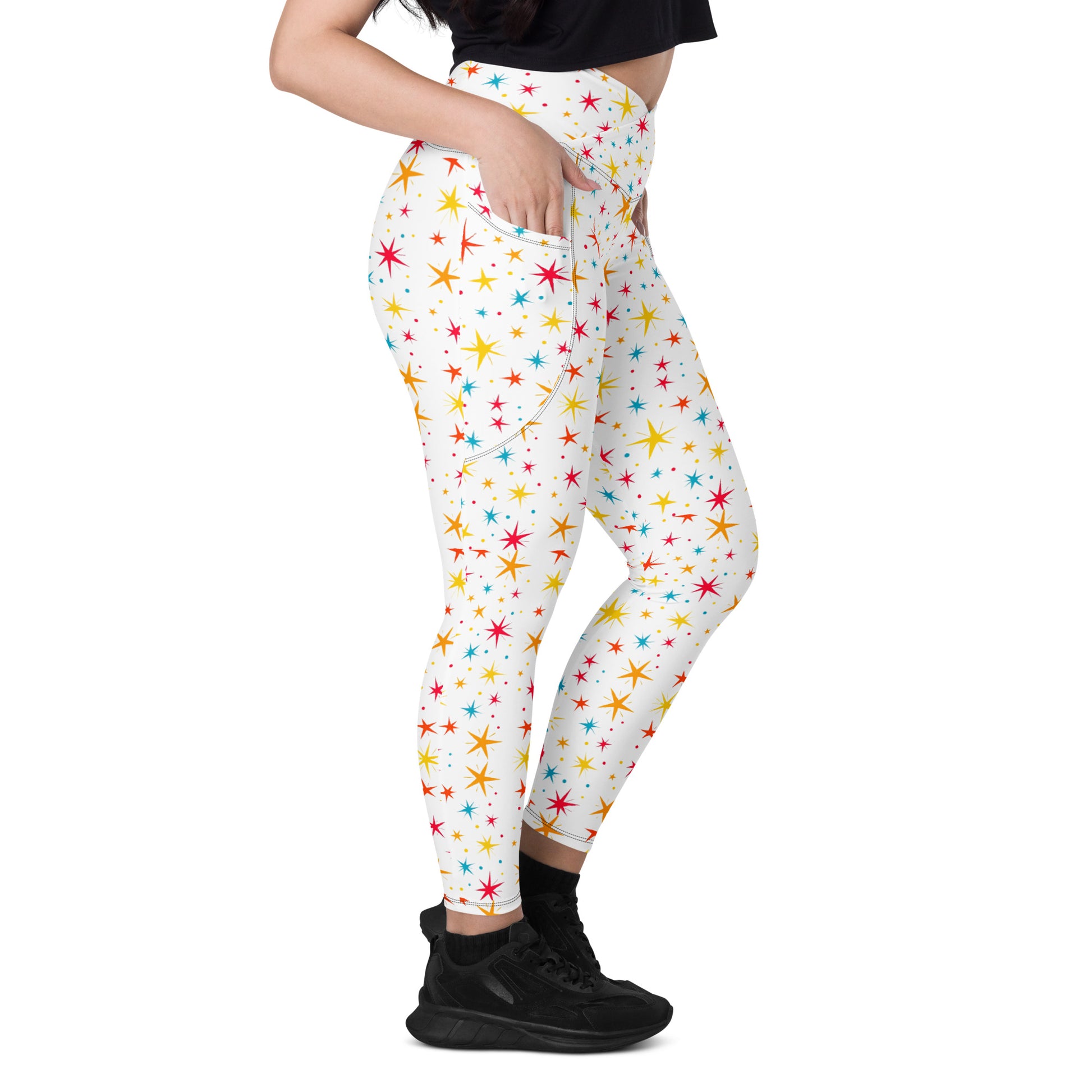 Crossover leggings with pockets - Starry Sparkle Magic Leggings – Radiant Cosmic Shine by printfluence.net